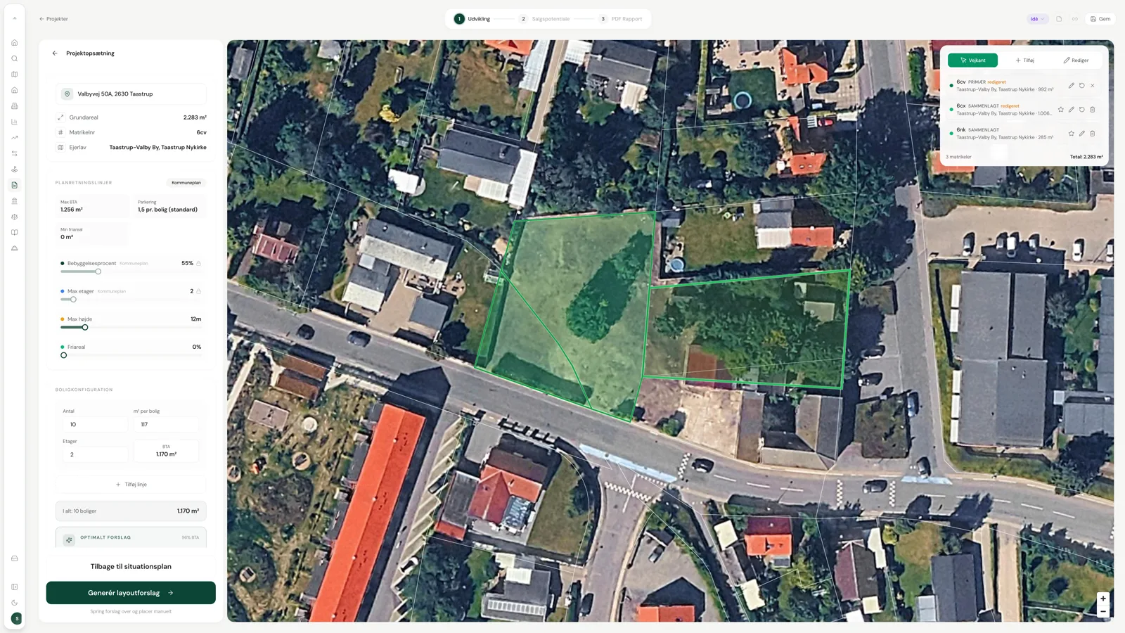 Skærmbillede fra Arcili — Projektvurdering: Læs lokalplanen og se hvad matriklen kan bære. Byggeret, etager, kystnærhed og risiko-flag.